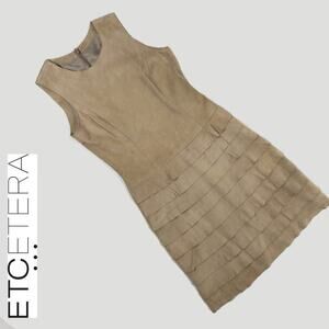 Etcetera Suede Dress Women 2 Tan Leather Ruffled Sleeveless Lined Sheath